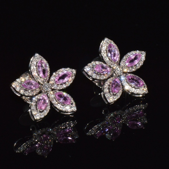CERTIFIED NATURAL 2.36CTS VS F DIAMOND PINK SAPPHIRE 18K GOLD FLORAL EARRINGS - Picture 5 of 15